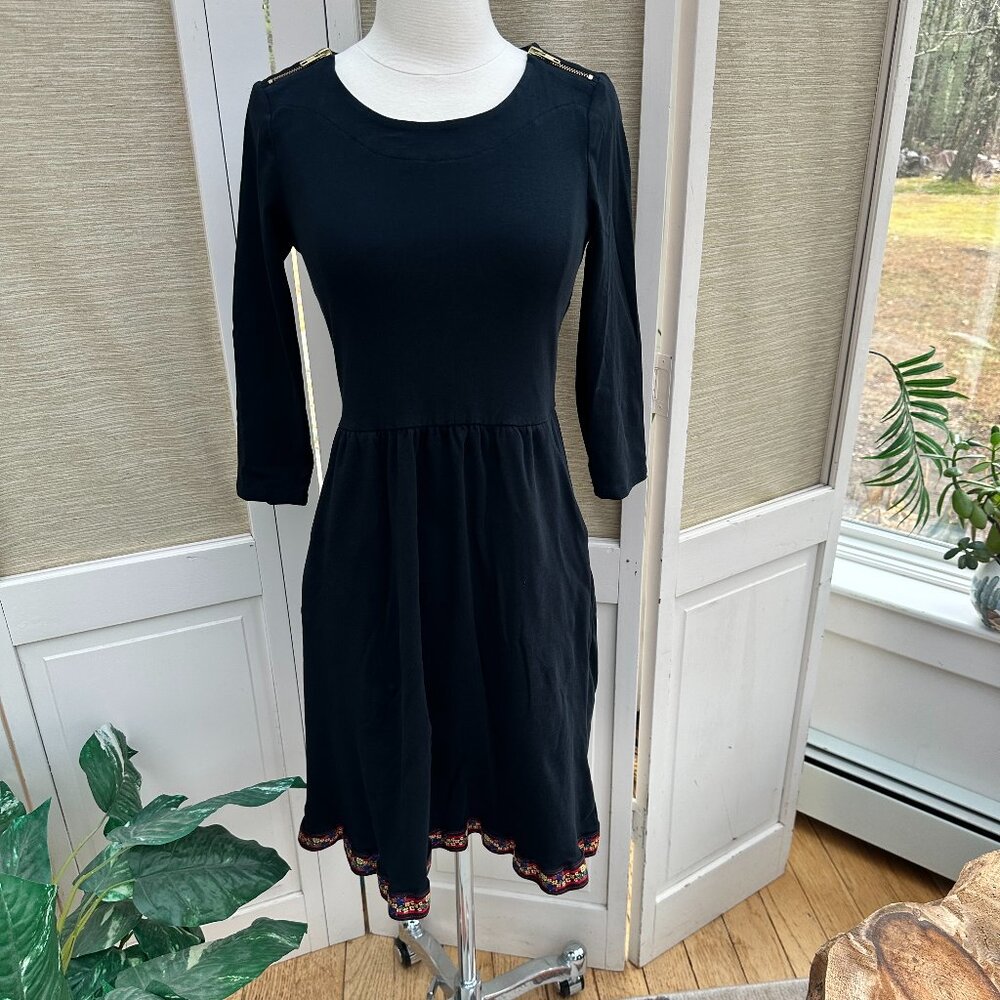 Boden Black Jersey Dress 6L Embroidered Hem Pockets Long Sleeve Fit Flare